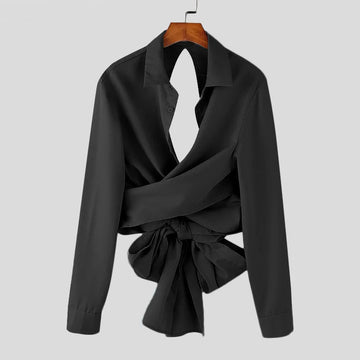 AIDASE  -  Tops American Style Fashion Sexy Men Deconstructive Backless Bow Shirts Casual Male Solid Loose Long Sleeved Blouse aidase-shop